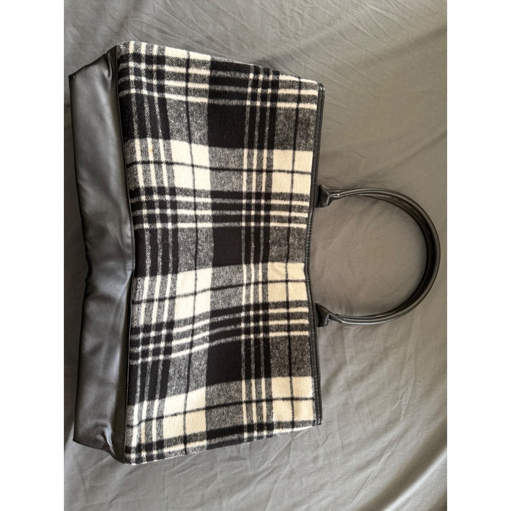 DSW Black White Plaid Tote Bag Faux Leather Base Tartan Shoulder Bag Large